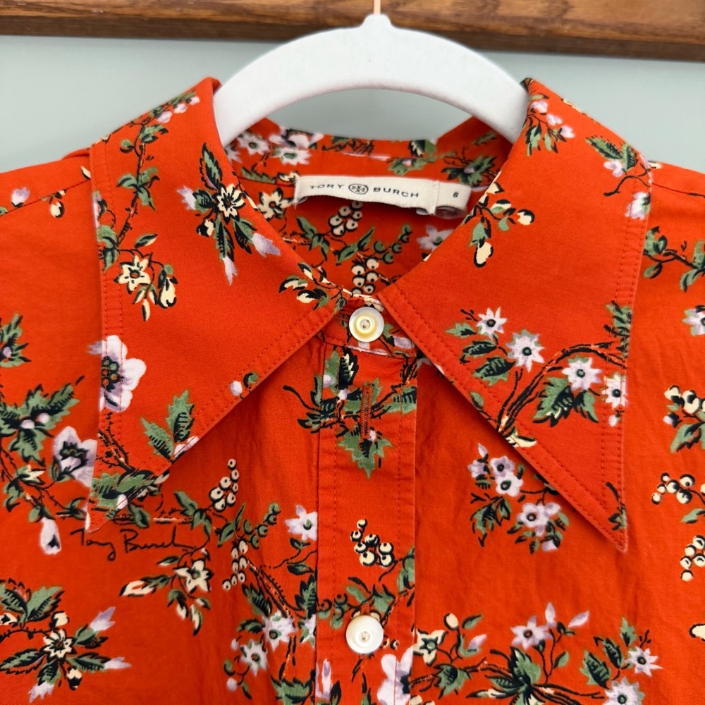 Tory Burch 100% Cotton Orange Floral Classic Oxford Button Down Shirt - Picture 7 of 17